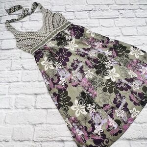 Athleta Olive Purple Floral Halter Empire Waist Dress Size 10 Midi Empire Waist